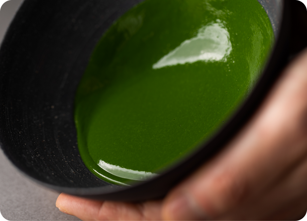 Dark green thick koicha Japanese matcha in Ippodo Tea dark chawan tea bowl