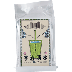 Foil package of Uji-Shimizu matcha with cartoon man with no shirt and sipping matcha through a straw behind Japanese writing