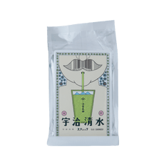 Foil package of Uji-Shimizu matcha with cartoon man with no shirt and sipping matcha through a straw behind Japanese writing