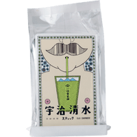Foil package of Uji-Shimizu matcha with cartoon man with no shirt and sipping matcha through a straw behind Japanese writing
