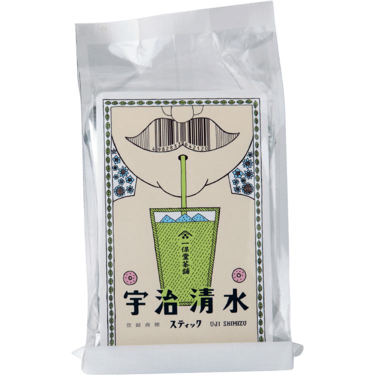 Foil package of Uji-Shimizu matcha with cartoon man with no shirt and sipping matcha through a straw behind Japanese writing