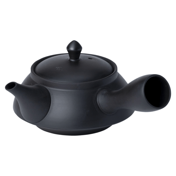 Matte black Japanese kyusu 8 ounce teapot by Ippodo Tea. Right side handle kyusu for brewing traditional Japanese green tea.