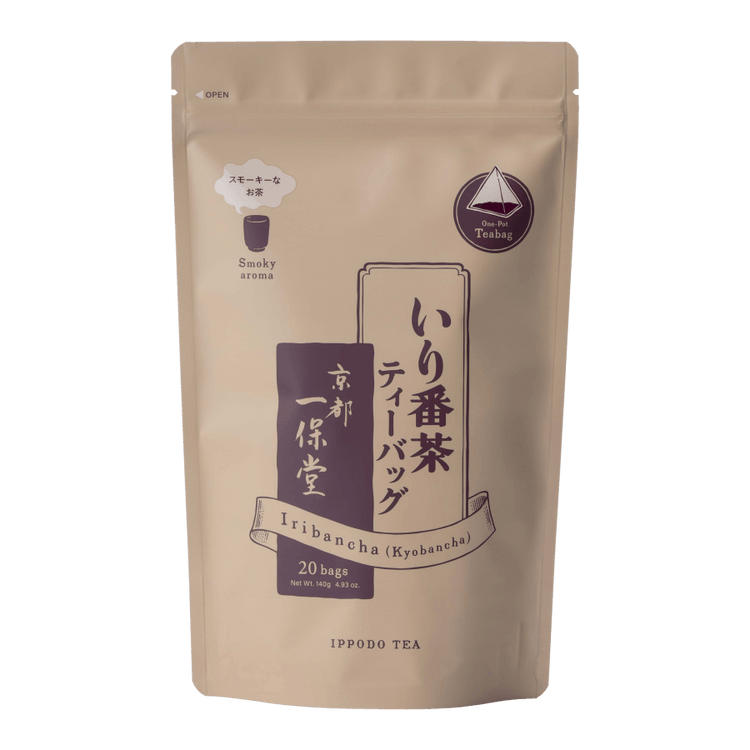 Dark beige sealed packaging bag with maroon designs and Japanese and English writing for Iribancha "smoky aroma" teabags