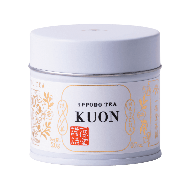 Brand new unopened tin can of Kuon matcha by Ippodo Tea with Japanese characters and gold leaf embossed on white
