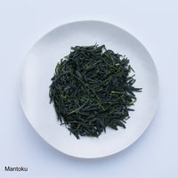 Loose leaf dark green rolled dried Ippodo Mantoku Gyokuro light refreshing Japanese green tea on white plate on white table