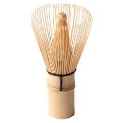 100-tip bamboo chasen matcha whisk tea utensil with curles tips resting upright on handle