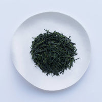 Loose leaf darker green rolled dried Ippodo Tenka-Ichi Gyokuro premium Japanese green tea on white plate on white table