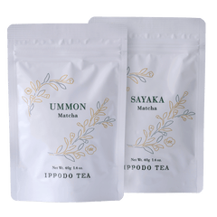Two white 40g bag tea packages labeled 'Ummon' and 'Sayaka' from Ippodo Tea with gold leaf designs