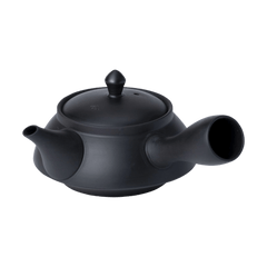 Matte black Japanese kyusu 8 ounce teapot by Ippodo Tea. Right side handle kyusu for brewing traditional Japanese green tea.