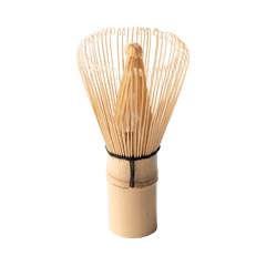100-tip bamboo chasen matcha whisk tea utensil with curles tips resting upright on handle