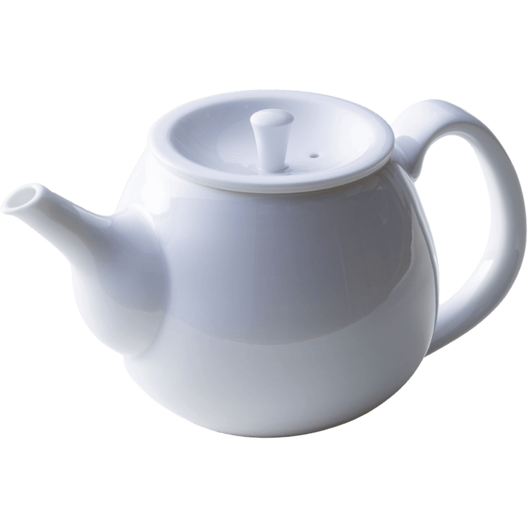 Front view of sleek refined snow white glazed porcelain symmetrical shape Japanese Hasami-yaki kyusu teapot