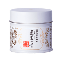 Brand new unopened tin can of Ippodo Tea Horai matcha with Japanese characters and gold leaf embossed on white