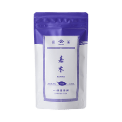 White packaging with indigo violet faux-painted details of Kaboku Sencha prized Japanese green tea 80g bag by Ippodo Tea Co.