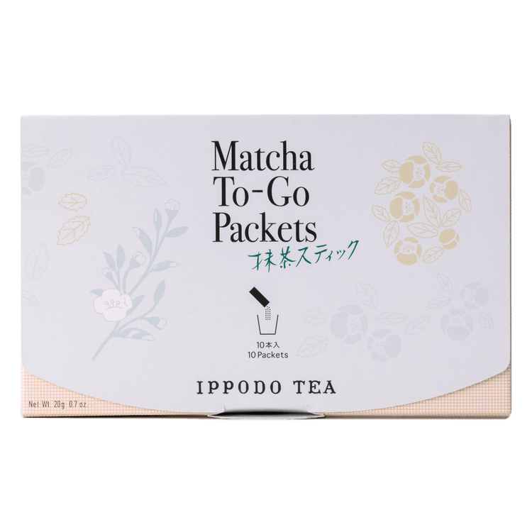 Slim peach color box of Matcha-To-Go Packets with light grey flap to open on front with faint multicolored flowers petals