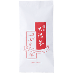 White package with red details of Ippodo's winter edition Obukucha Good Fortune Tea premium Japanese genmaicha 100g bag