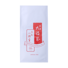 White package with red details of Ippodo's winter edition Obukucha Good Fortune Tea premium Japanese genmaicha 100g bag