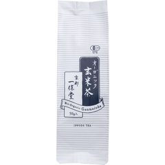 White and blue iconic packaging with Japanese writing and dashed lines for Ippodo Organic Genmaicha green tea with rice