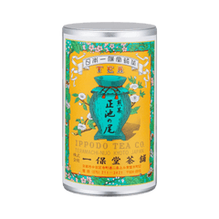 Iconic colorful Ippodo Tea metal can with yellow turquoise pink label of teapot and flowers for Shoike sencha green tea