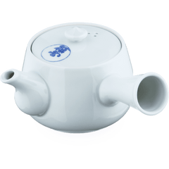 Large white porcelain right-handed kyusu teapot handcrafted with side-hold hollow handle and blue Japanese characters on lid