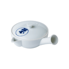 Small white porcelain right-handed kyusu teapot handcrafted with side-hold hollow handle and blue Japanese characters on lid