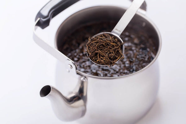 Holding silver tablespoon of dried Hojicha tea over large opening of Stainless Steel Teapot with brewed loose leaf tea inside