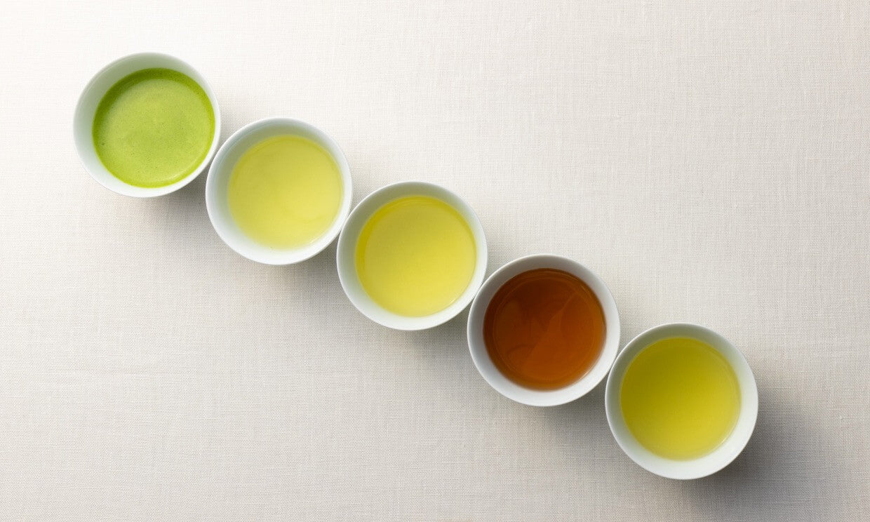 Five white bowls filled with different shades of tea, ranging from bright green matcha to deep amber, arranged in a diagonal line on a white textured tablecloth.