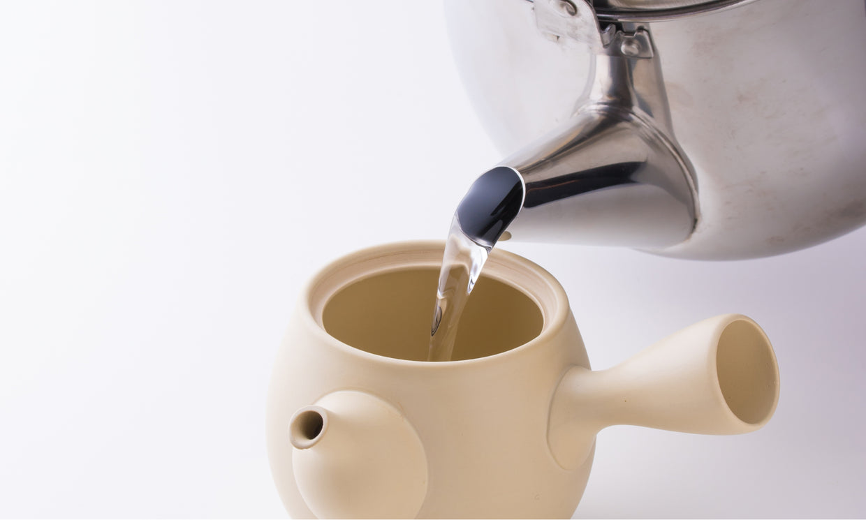 Hot water being poured into Japanese artisan made ivory kyusu Japanese teapot from shining stainless steel stovetop kettle