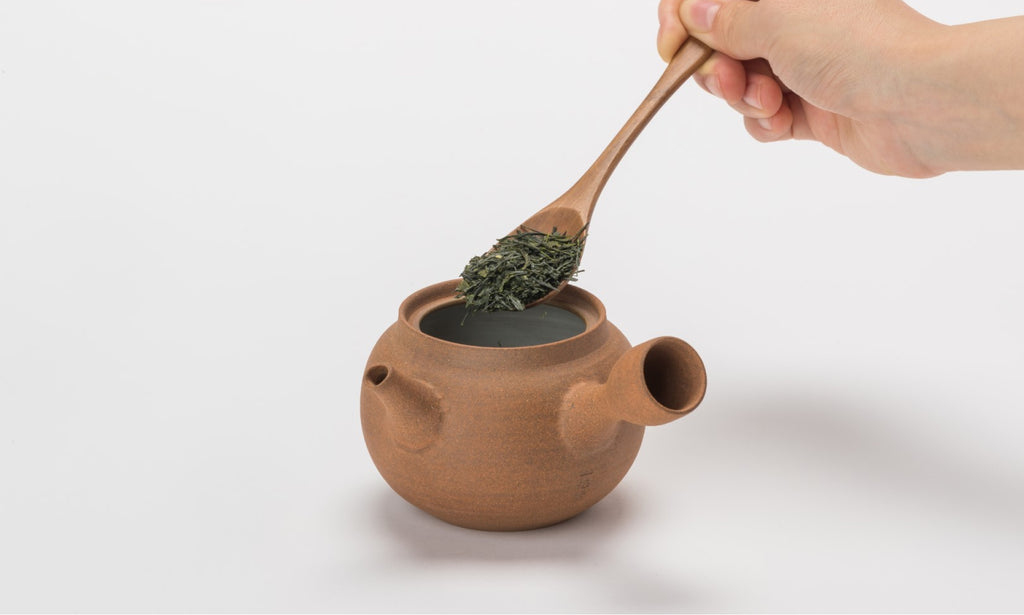 Pouring wooden spoonful of tightly rolled dried green tea into brown handmade banko-ware Japanese Kyusu teapot banko-yaki