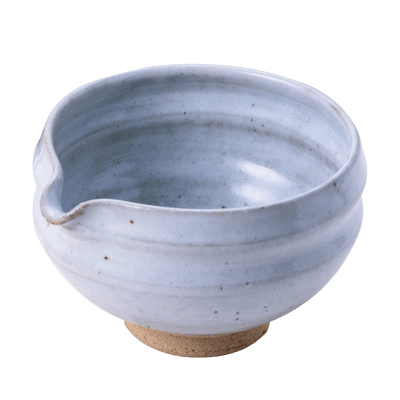 Artisan-made ceramic speckled white matcha tea bowl with hand groove and serving spout made from Mino-yaki Japanese clay