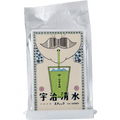 Foil package of Uji-Shimizu matcha with cartoon man with no shirt and sipping matcha through a straw behind Japanese writing