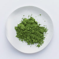 Bright dark green loose Japanese Ippodo Tea Ummon Ummon-no-mukashi matcha powder on white plate on white table