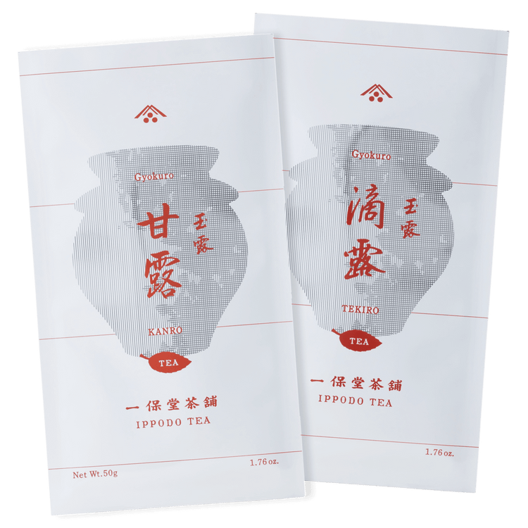 Two overlapping tea packages with teapots and red Japanese characters for Ippodo Tea Co gyokuros Kanro and Tekiro 