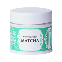 Unopened tin of New Harvest Matcha with iconic Ippodo tea pot and floral design in bright green against white background