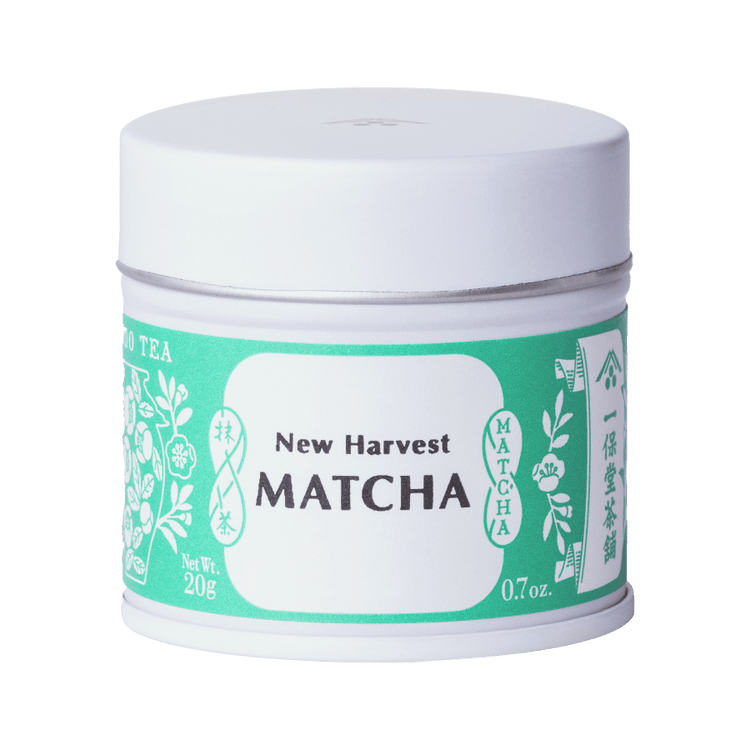Unopened tin of New Harvest Matcha with iconic Ippodo tea pot and floral design in bright green against white background
