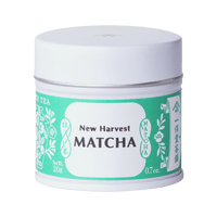 Unopened tin of New Harvest Matcha with iconic Ippodo tea pot and floral design in bright green against white background