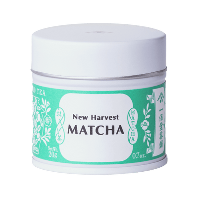 Unopened tin of New Harvest Matcha with iconic Ippodo tea pot and floral design in bright green against white background