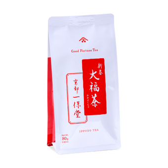Ippodo Tea Good Fortune Tea pouch (80g / 2.82 oz) with a bright red vertical banner and Japanese calligraphic text.