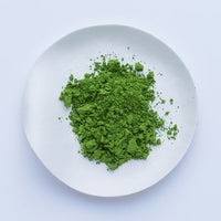 Bright lush green loose Japanese Horai matcha powder by Ippodo Tea on small white plate sitting on white table