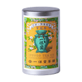Tea canister with iconic colorful label featuring a green teapot and floral design with Japanese characters