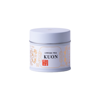 Brand new unopened tin can of Kuon matcha by Ippodo Tea with Japanese characters and gold leaf embossed on white