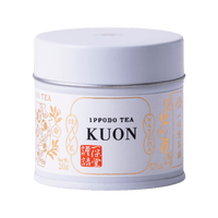 Brand new unopened tin can of Kuon matcha by Ippodo Tea with Japanese characters and gold leaf embossed on white