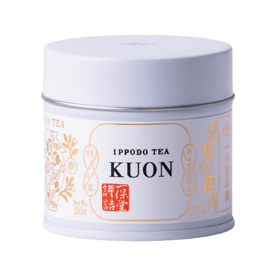 Brand new unopened tin can of Kuon matcha by Ippodo Tea with Japanese characters and gold leaf embossed on white