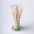 100-tip bamboo Chasen matcha whisk tea utensil in plastic case with label on white background