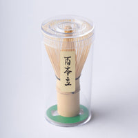100-tip bamboo Chasen matcha whisk tea utensil in plastic case with label on white background