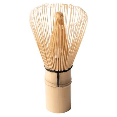100-tip bamboo chasen matcha whisk tea utensil with curles tips resting upright on handle