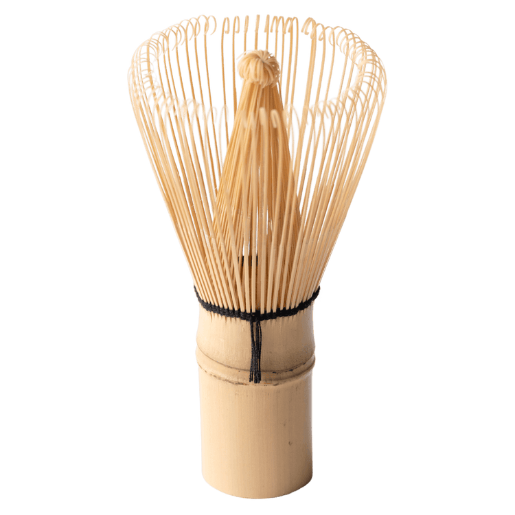 100-tip bamboo chasen matcha whisk tea utensil with curles tips resting upright on handle