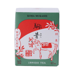 Product shot of Ippodo Tea Koma-Mukashi (New Year's Matcha 2026) in a green and red 20g box featuring graphic of a horse.