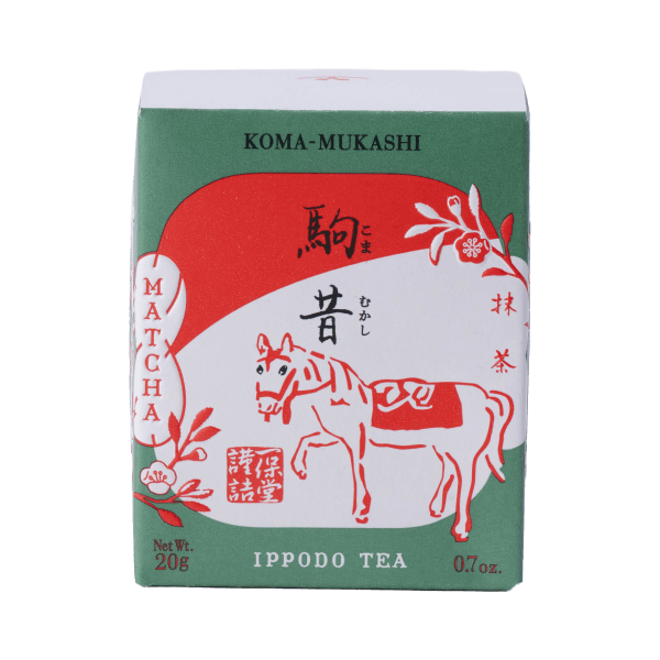Product shot of Ippodo Tea Koma-Mukashi (New Year's Matcha 2026) in a green and red 20g box featuring graphic of a horse.