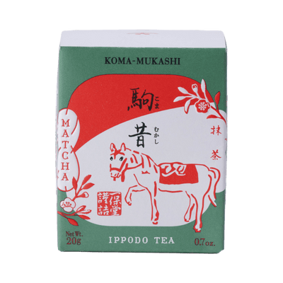 Product shot of Ippodo Tea Koma-Mukashi (New Year's Matcha 2026) in a green and red 20g box featuring graphic of a horse.