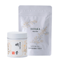 White Sayaka Matcha 40g can packaging beside 40g bag packaging  with gold leaf designs by IPPODO TEA